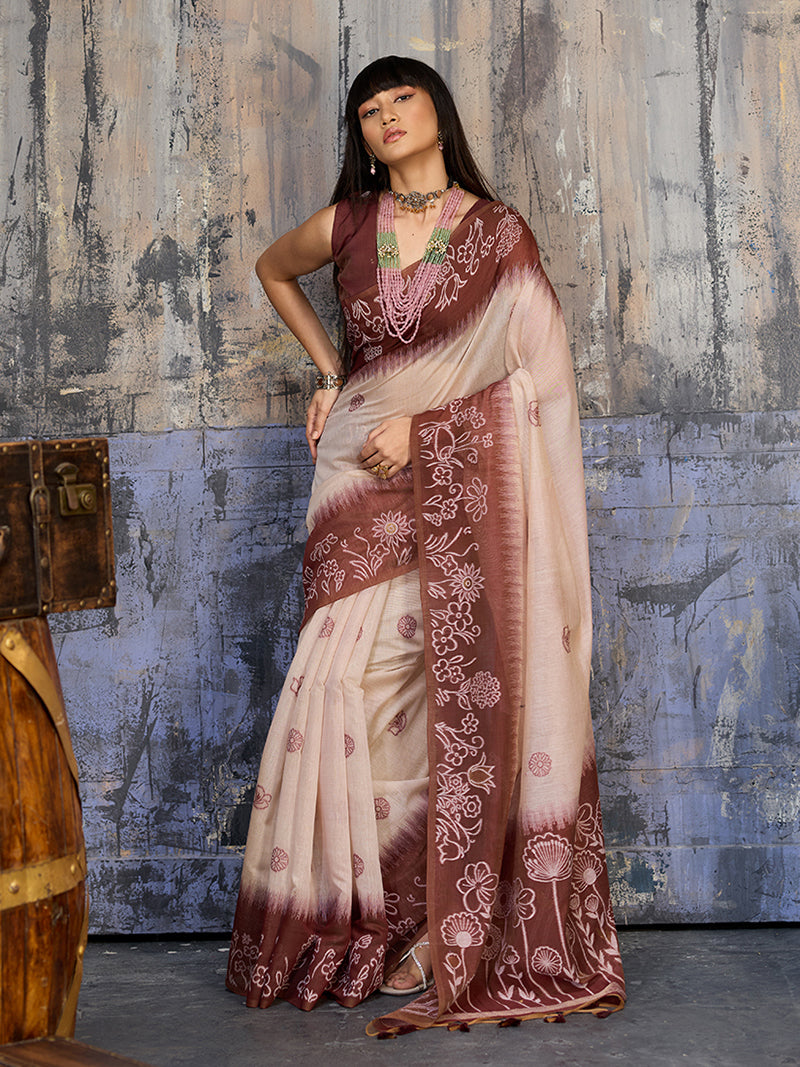 Cotton Blend Cream & Brown Saree - Monjolika Fashion
