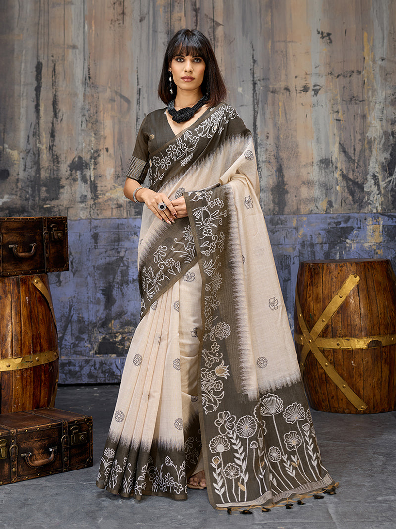 Cotton Blend Cream & Black Saree - Monjolika Fashion
