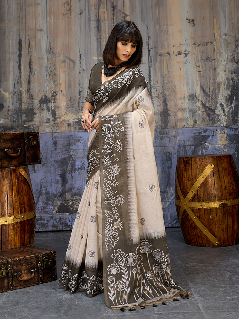 Cotton Blend Cream & Black Saree - Monjolika Fashion
