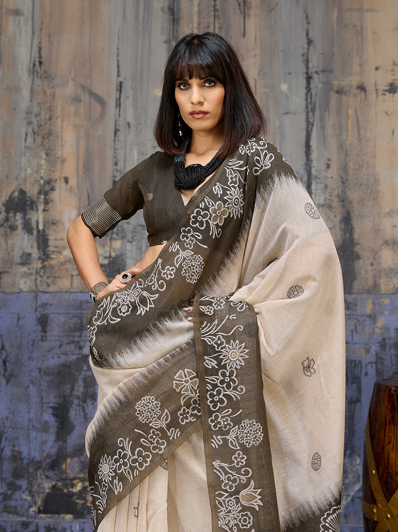 Cotton Blend Cream & Black Saree - Monjolika Fashion