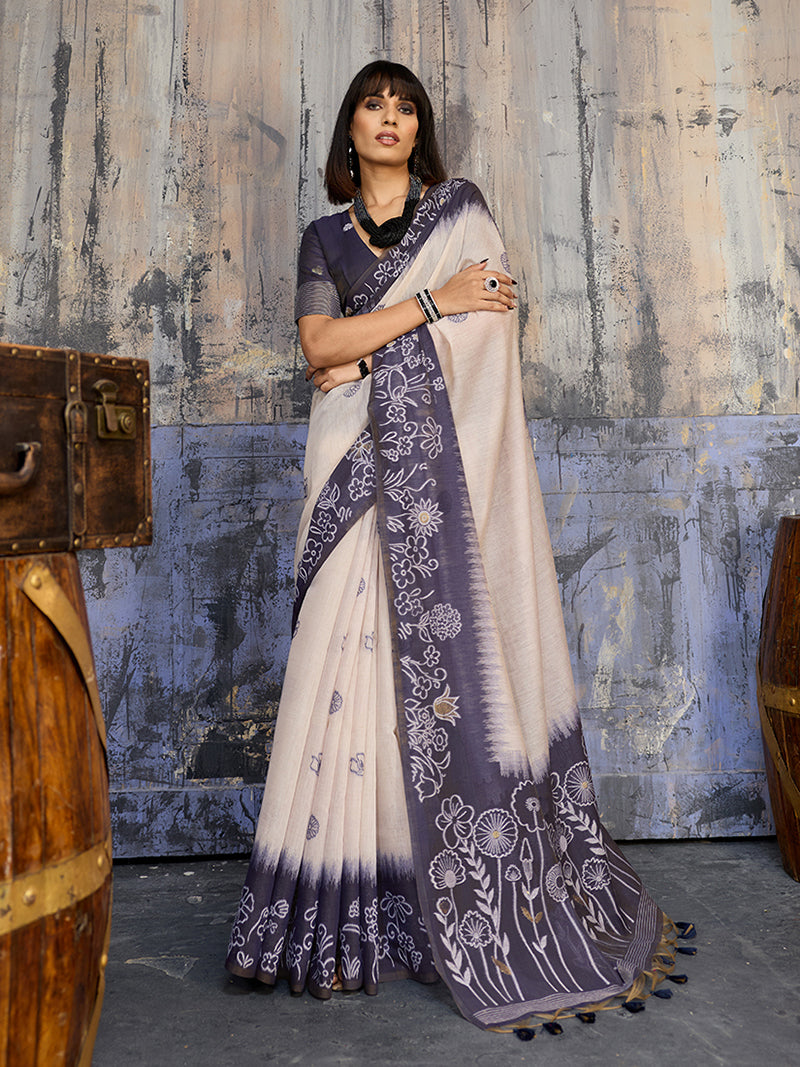 Cotton Blend Cream & Navy Blue Saree - Monjolika Fashion