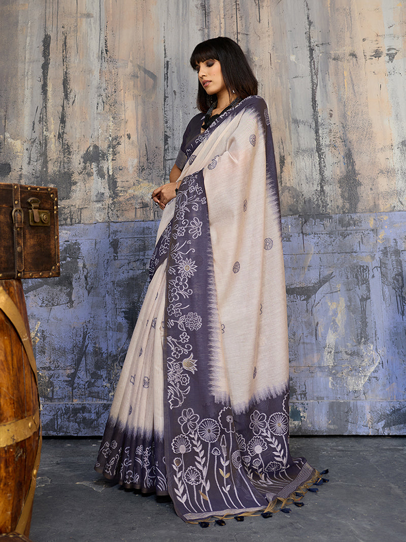 Cotton Blend Cream & Navy Blue Saree - Monjolika Fashion