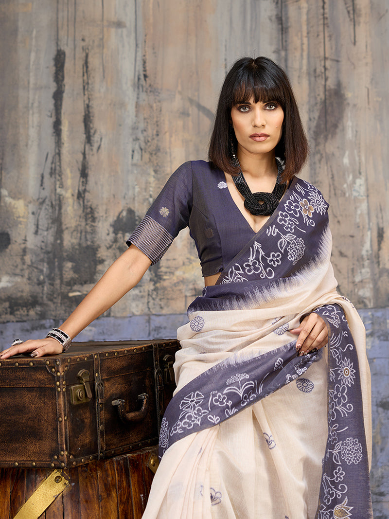 Cotton Blend Cream & Navy Blue Saree - Monjolika Fashion