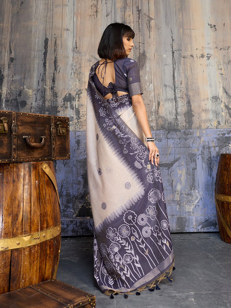 Cotton Blend Cream & Navy Blue Saree - Monjolika Fashion