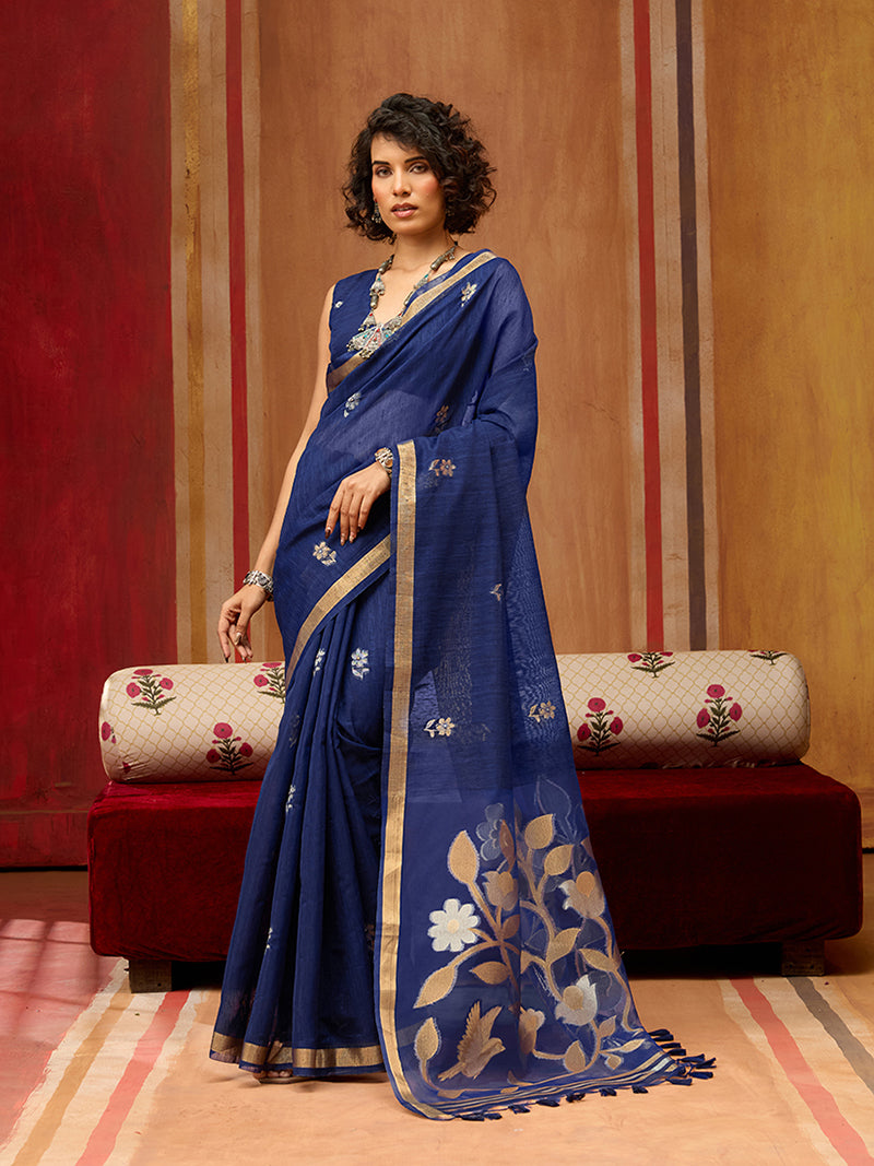 Navy Blue Silk Blend woven Work Saree - Monjolika Fashion