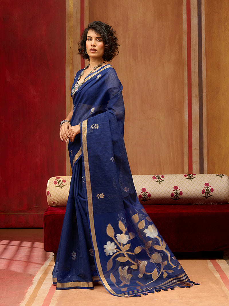 Navy Blue Silk Blend woven Work Saree - Monjolika Fashion