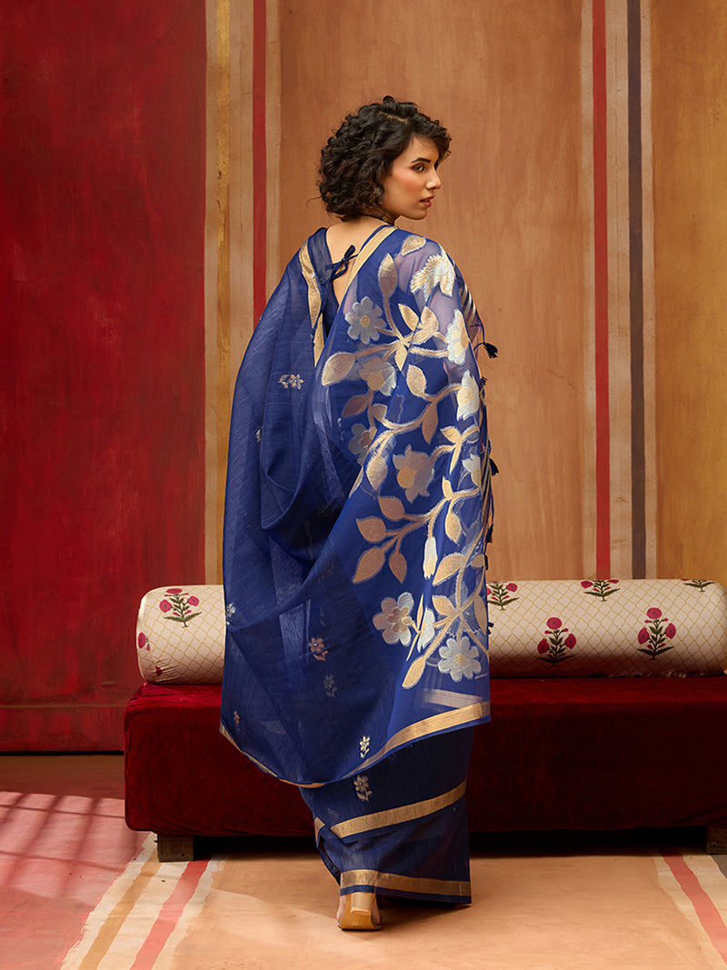 Navy Blue Silk Blend woven Work Saree - Monjolika Fashion