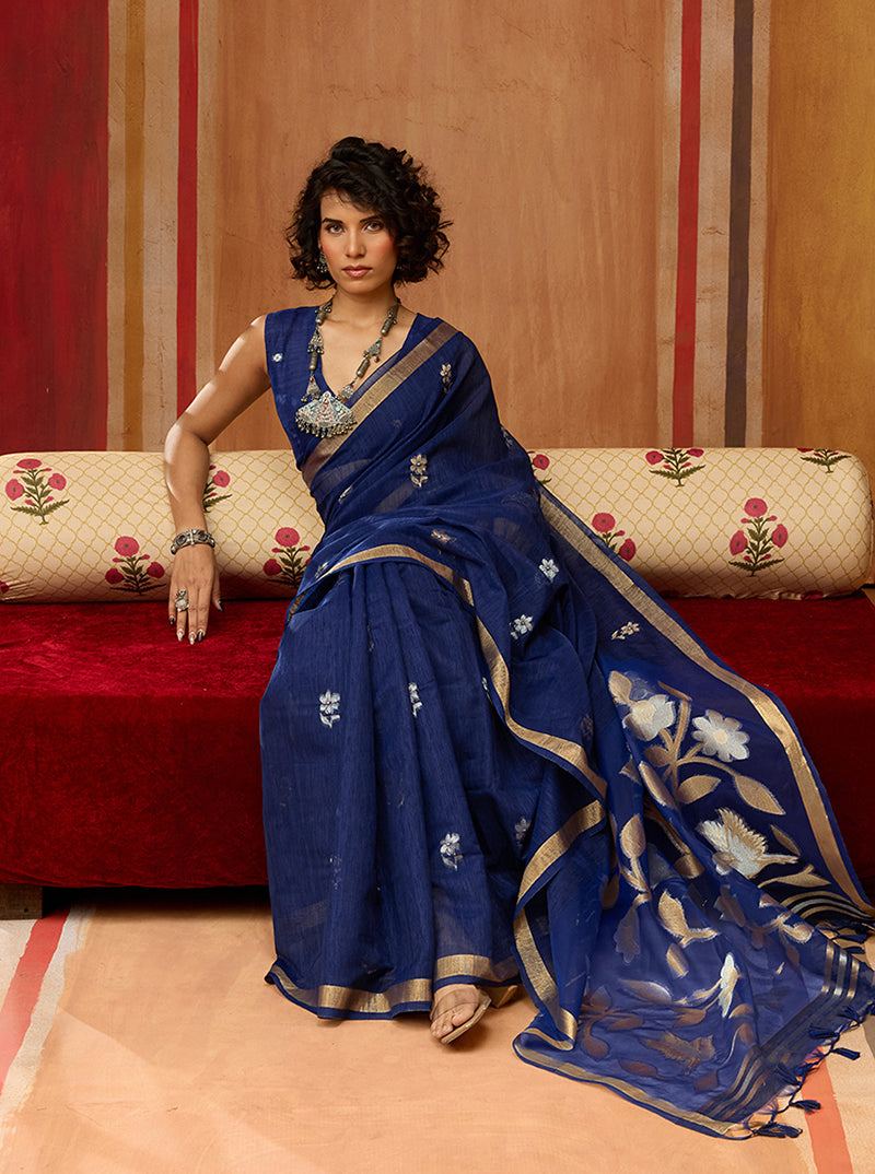 Navy Blue Silk Blend woven Work Saree - Monjolika Fashion