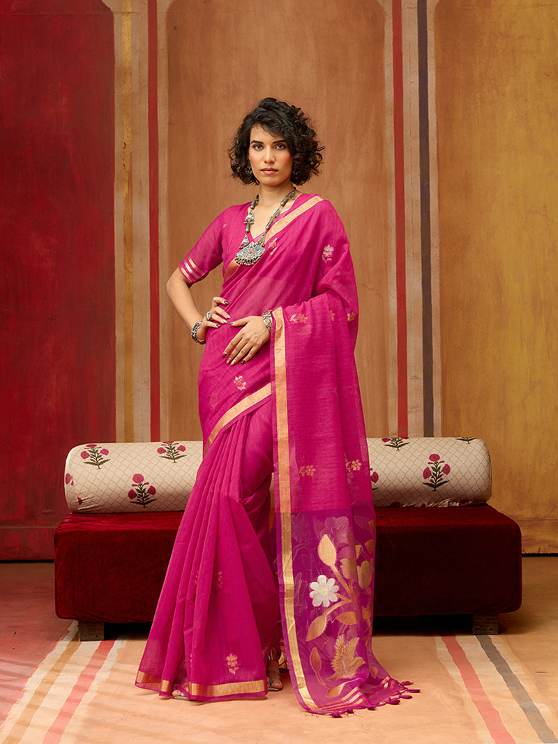 Rani Pink Silk Blend woven Work Saree - Monjolika Fashion