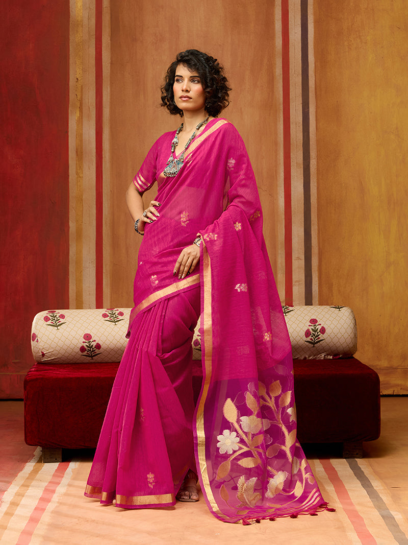 Rani Pink Silk Blend woven Work Saree - Monjolika Fashion