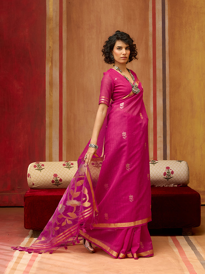 Rani Pink Silk Blend woven Work Saree - Monjolika Fashion