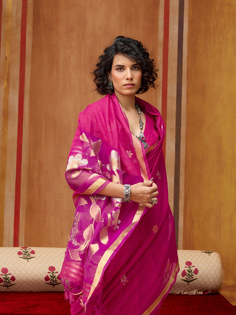 Rani Pink Silk Blend woven Work Saree - Monjolika Fashion