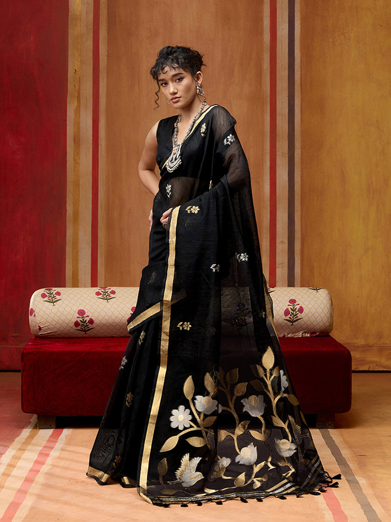 Black Silk Blend woven Work Saree - Monjolika Fashion