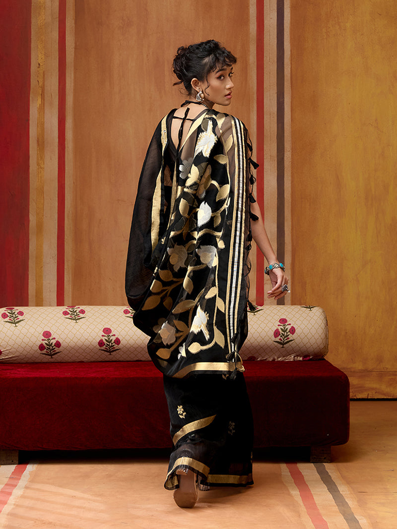 Black Silk Blend woven Work Saree - Monjolika Fashion