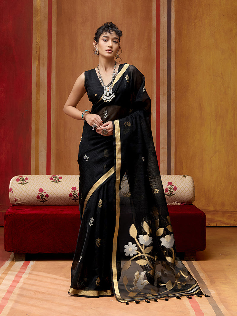 Black Silk Blend woven Work Saree - Monjolika Fashion