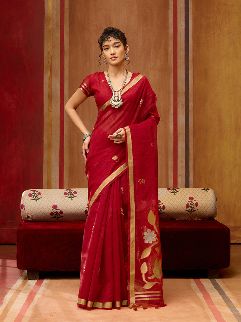 Red Silk Blend woven Work Saree - Monjolika Fashion