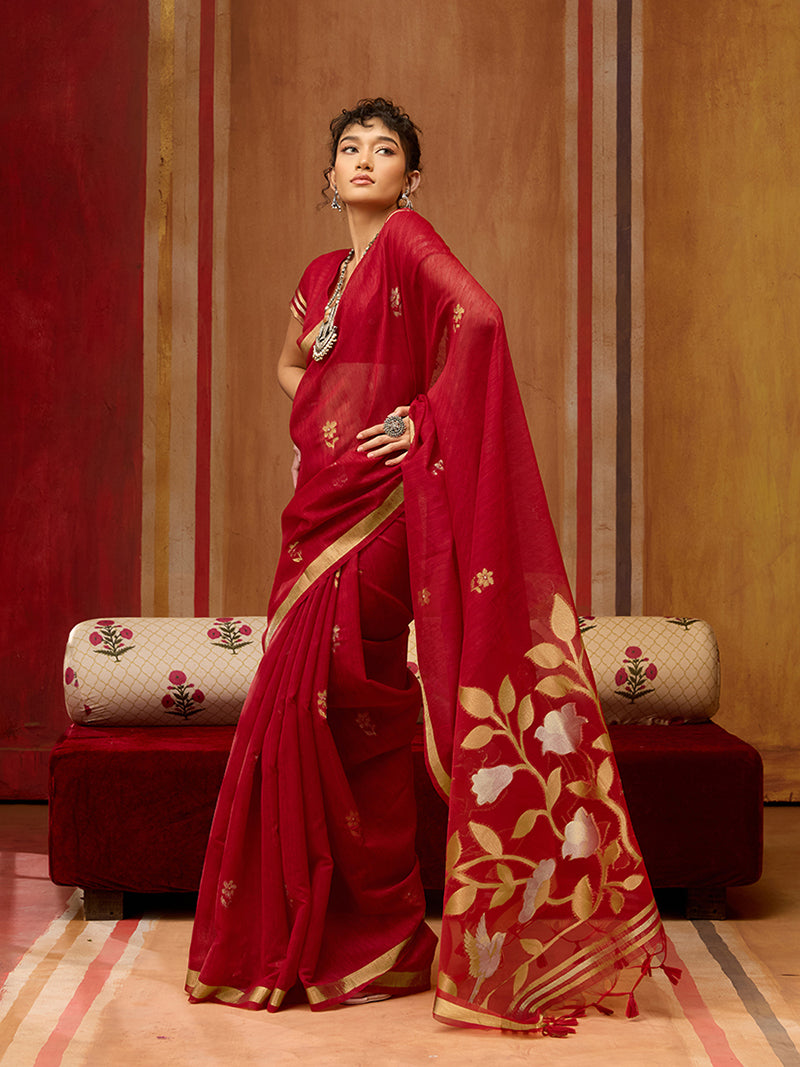 Red Silk Blend woven Work Saree - Monjolika Fashion