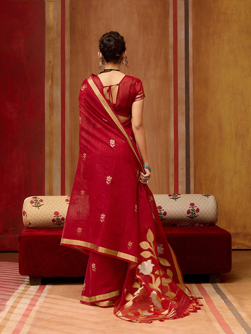 Red Silk Blend woven Work Saree - Monjolika Fashion