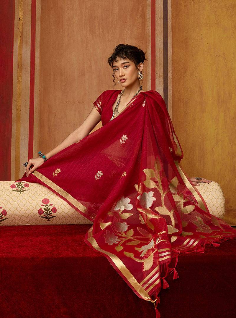 Red Silk Blend woven Work Saree - Monjolika Fashion