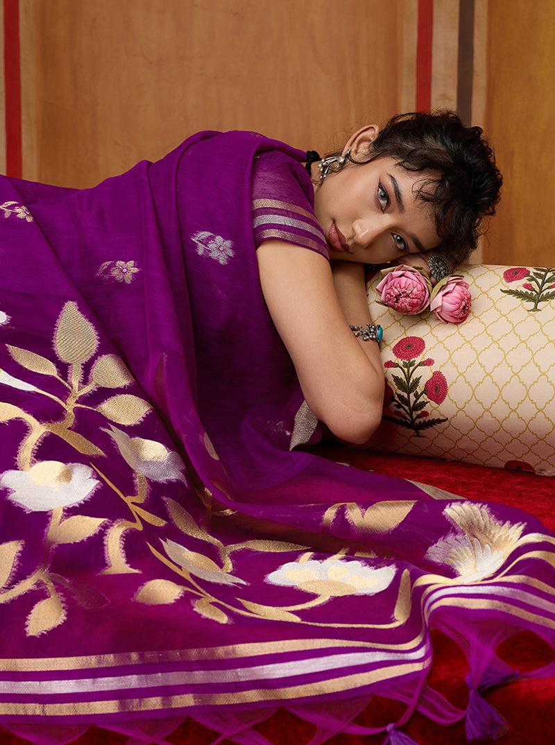 Purple Silk Blend woven Work Saree - Monjolika Fashion