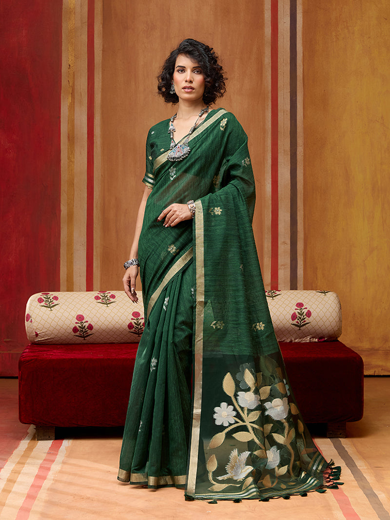 Dark Green Silk Blend woven Work Saree - Monjolika Fashion