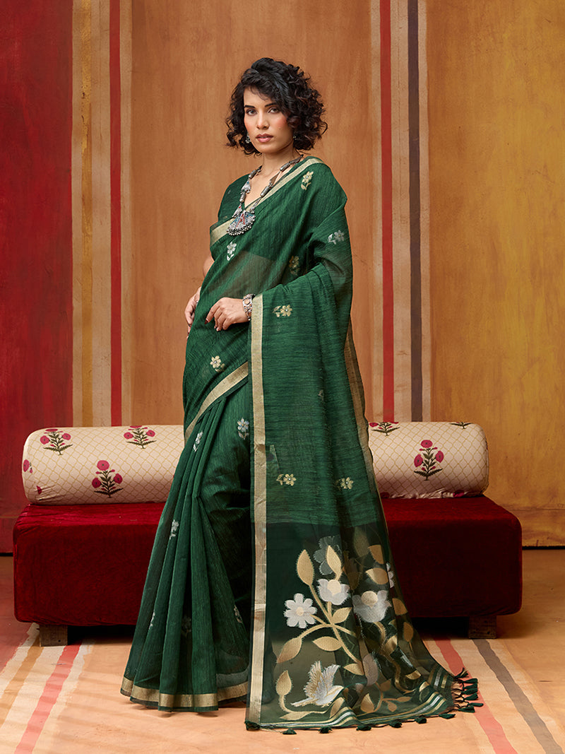 Dark Green Silk Blend woven Work Saree - Monjolika Fashion