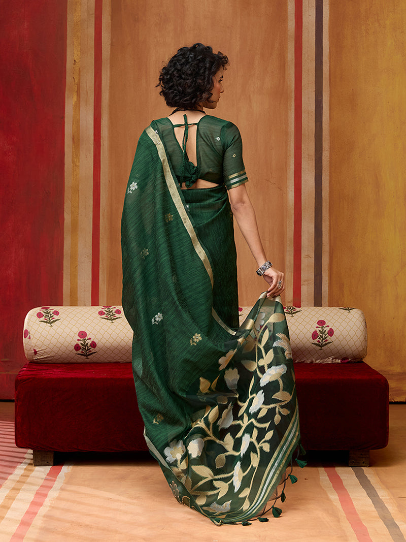 Dark Green Silk Blend woven Work Saree - Monjolika Fashion
