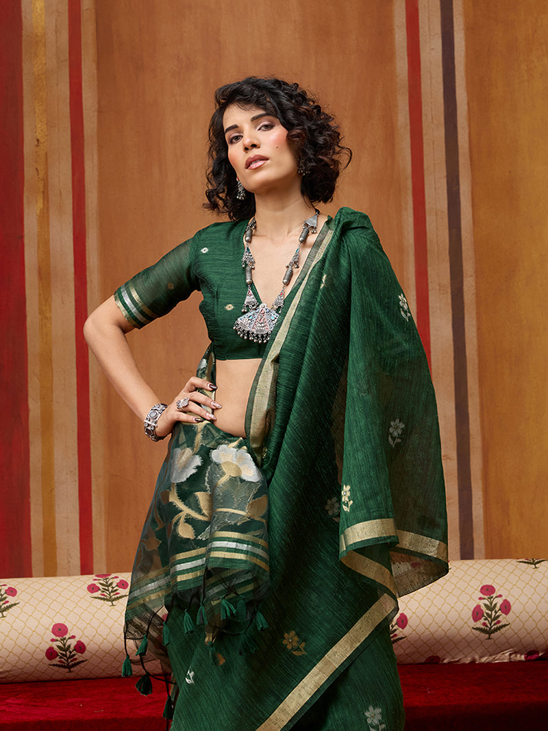 Dark Green Silk Blend woven Work Saree - Monjolika Fashion