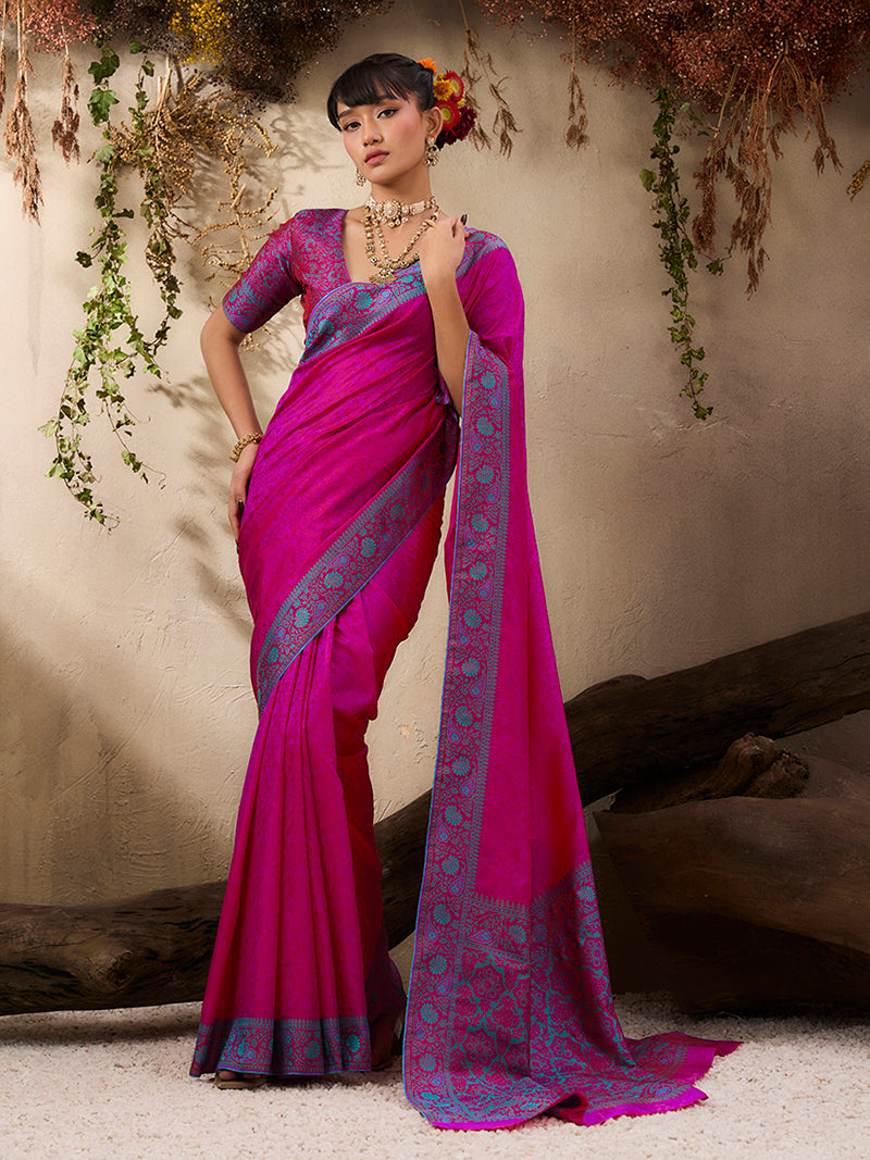 Rani Pink woven Kanjivaram Silk Blend Saree - Monjolika Fashion