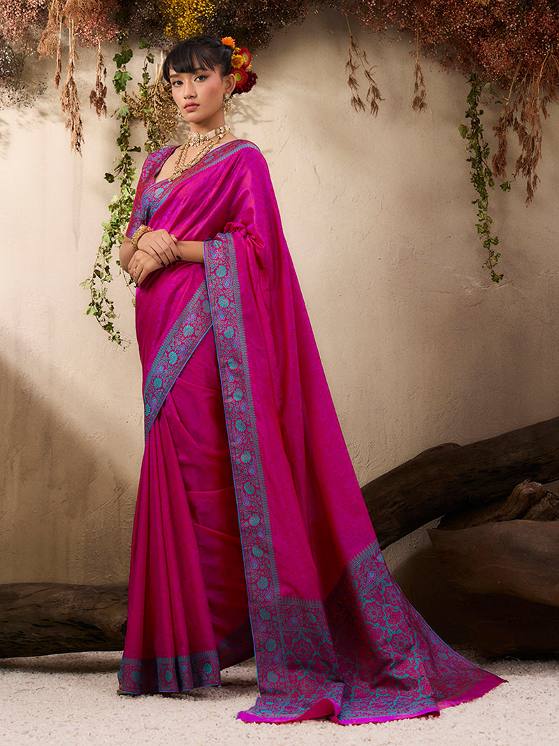 Rani Pink woven Kanjivaram Silk Blend Saree - Monjolika Fashion