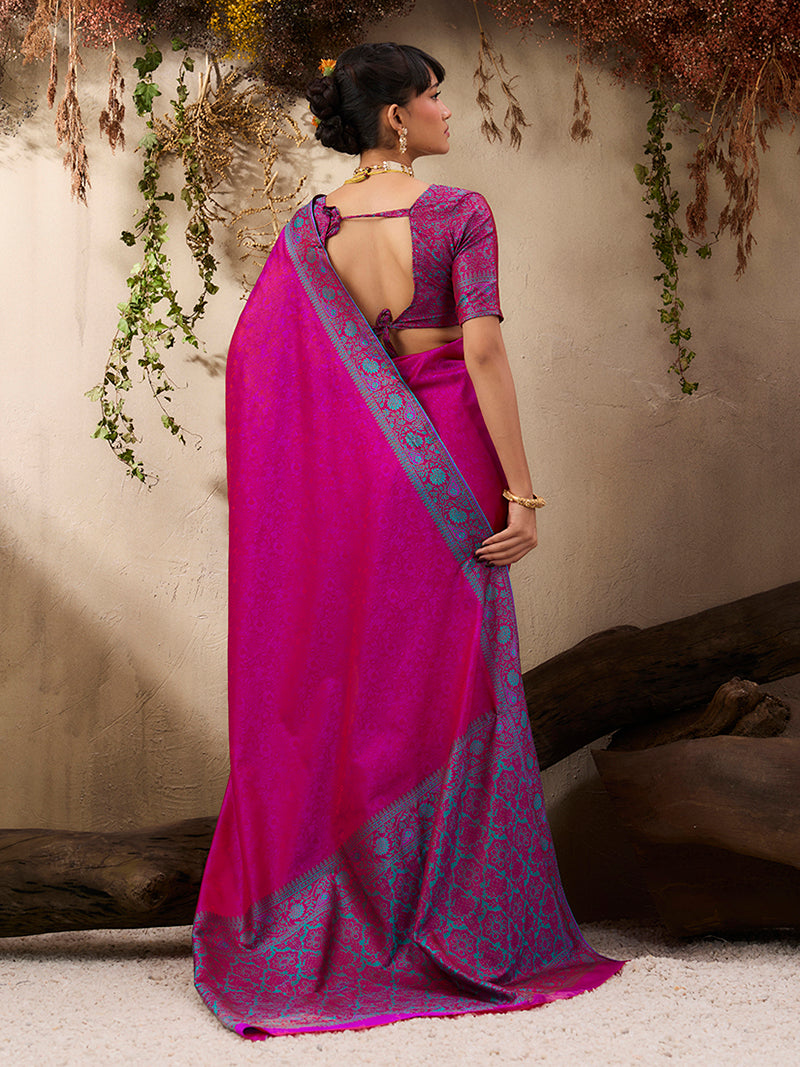 Rani Pink woven Kanjivaram Silk Blend Saree - Monjolika Fashion