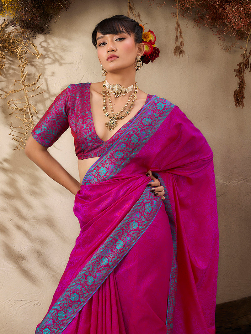 Rani Pink woven Kanjivaram Silk Blend Saree - Monjolika Fashion