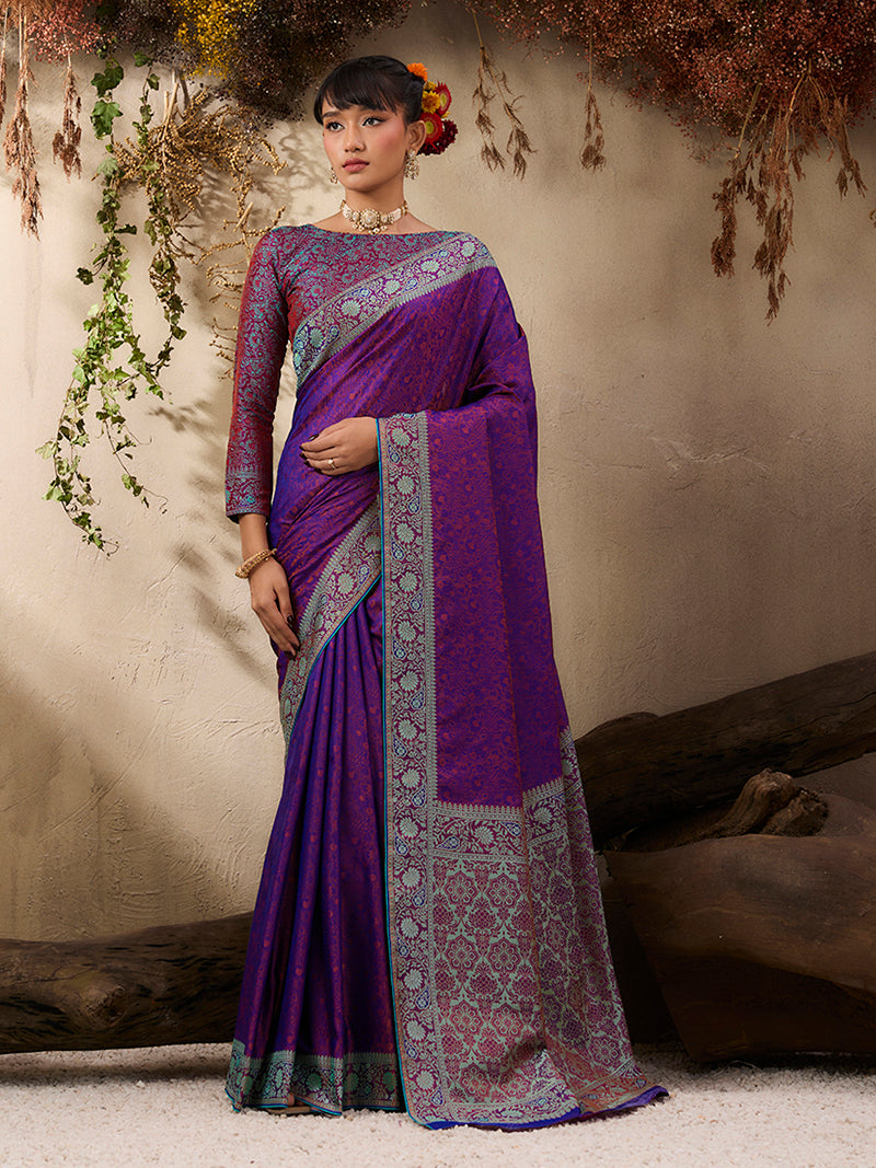 Purple woven Kanjivaram Silk Blend Saree - Monjolika Fashion