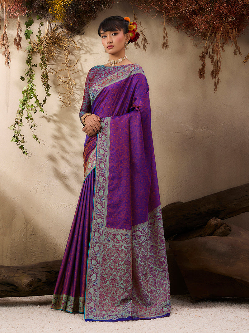 Purple woven Kanjivaram Silk Blend Saree - Monjolika Fashion
