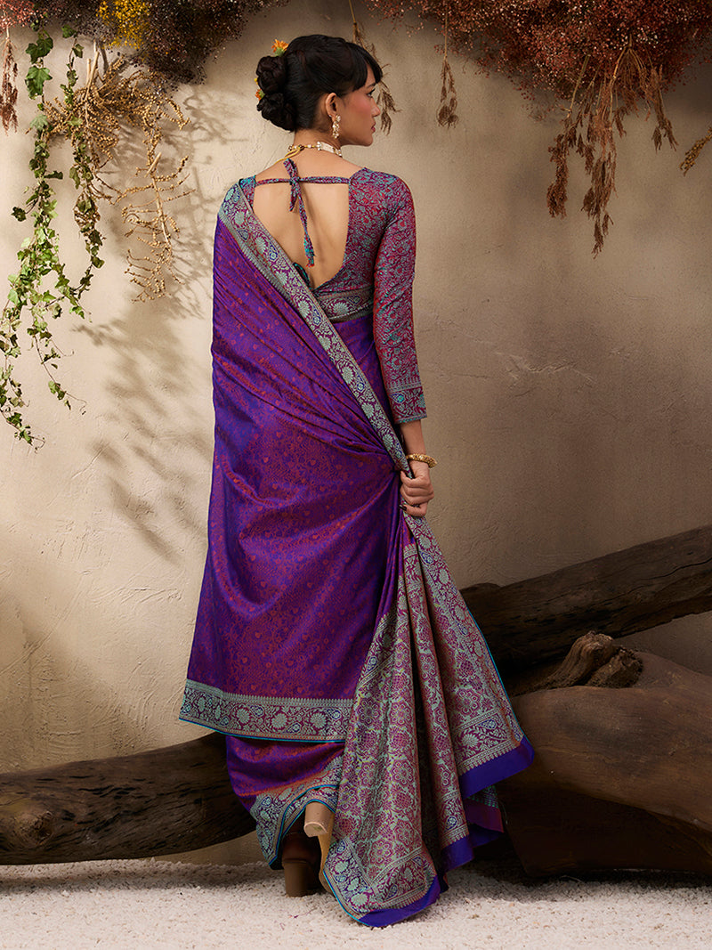 Purple woven Kanjivaram Silk Blend Saree - Monjolika Fashion