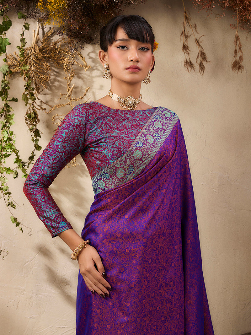 Purple woven Kanjivaram Silk Blend Saree - Monjolika Fashion