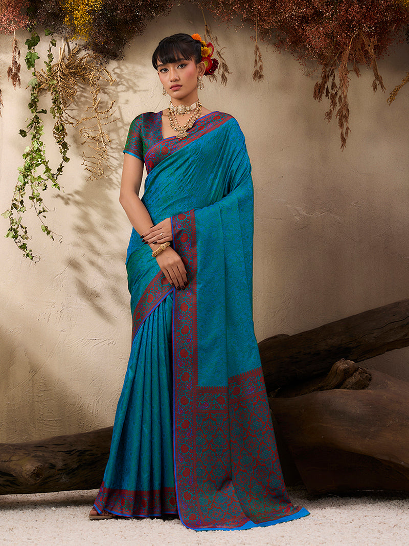Teal Blue woven Kanjivaram Silk Blend Saree - Monjolika Fashion