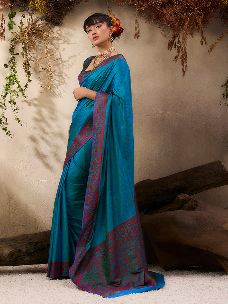 Teal Blue woven Kanjivaram Silk Blend Saree - Monjolika Fashion