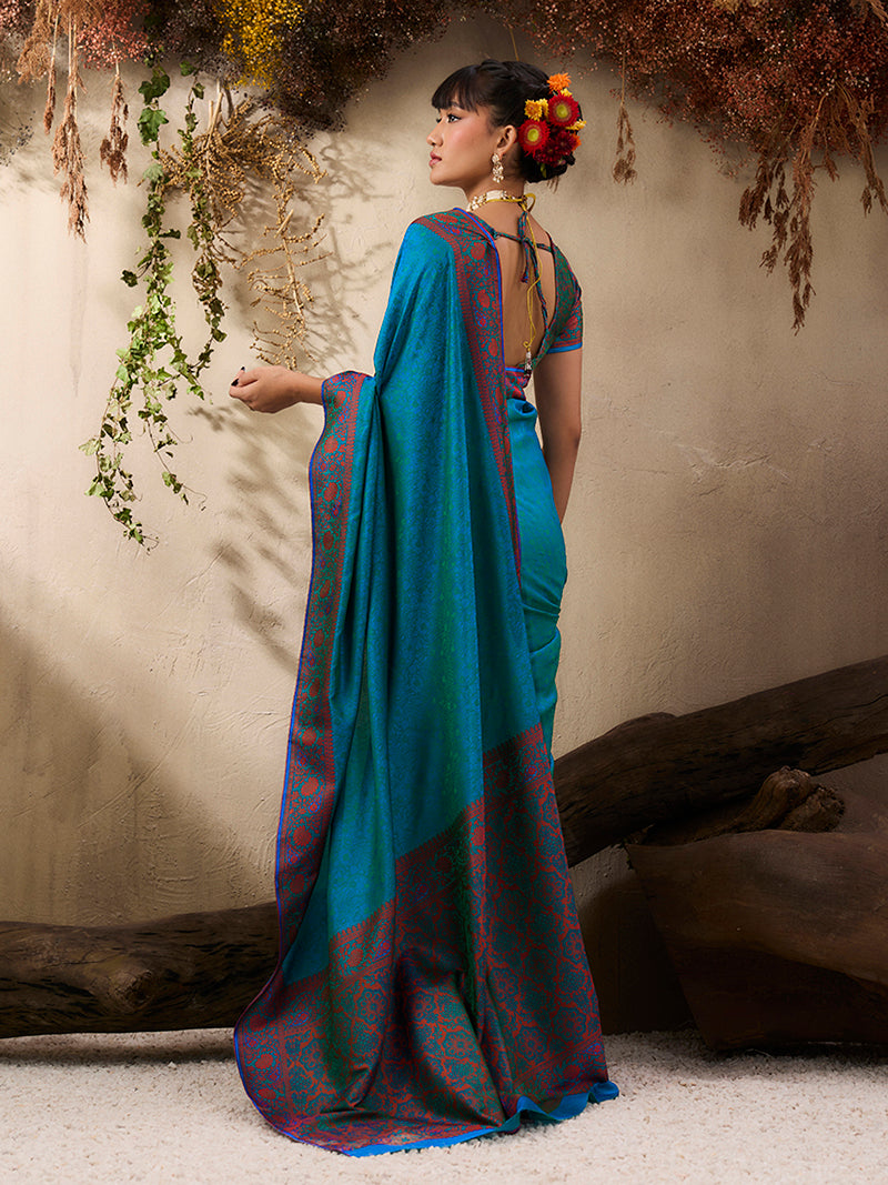 Teal Blue woven Kanjivaram Silk Blend Saree - Monjolika Fashion