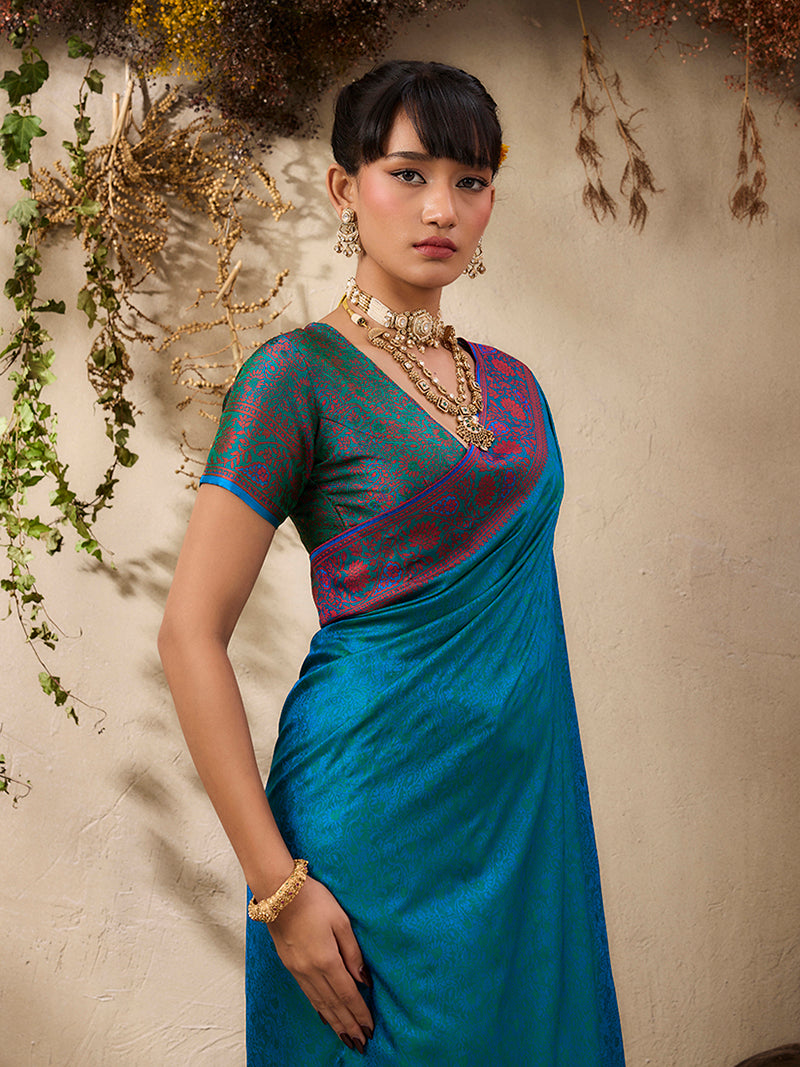 Teal Blue woven Kanjivaram Silk Blend Saree - Monjolika Fashion