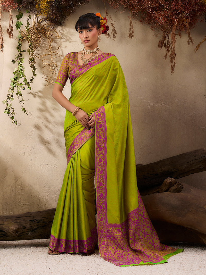 Parrot Green woven Kanjivaram Silk Blend Saree - Monjolika Fashion