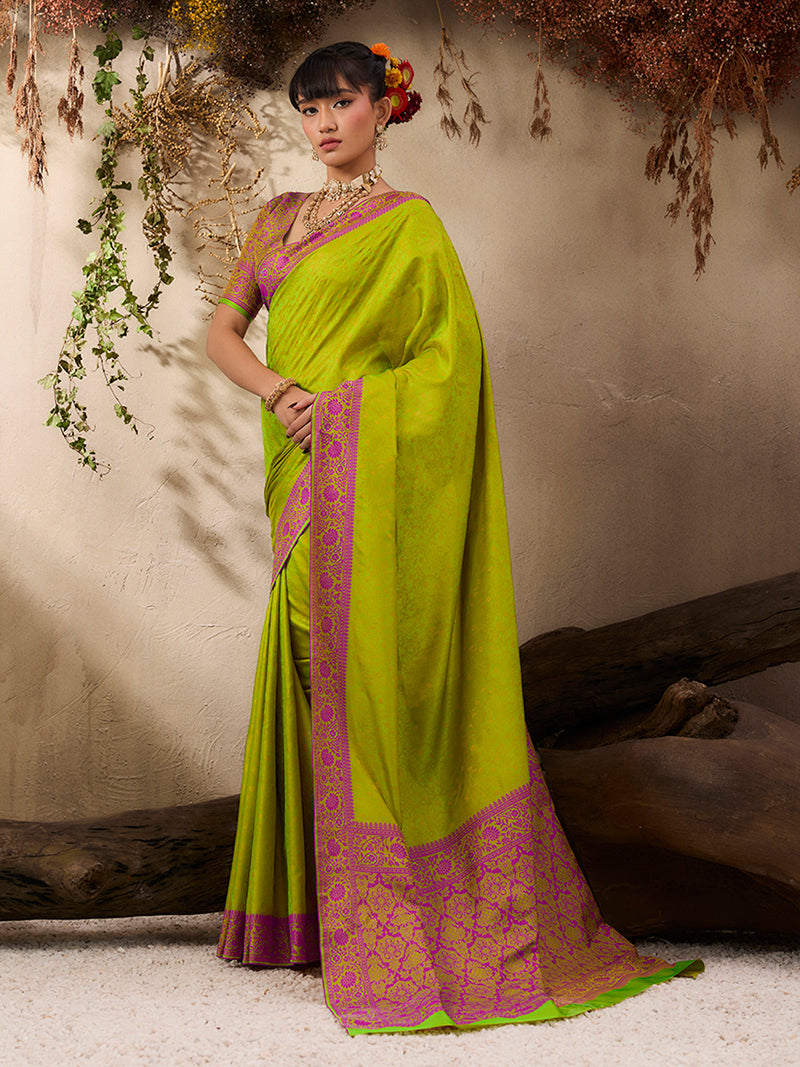 Parrot Green woven Kanjivaram Silk Blend Saree - Monjolika Fashion