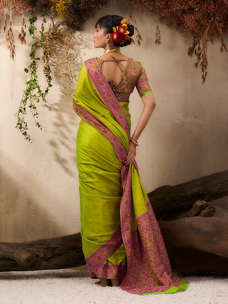 Parrot Green woven Kanjivaram Silk Blend Saree - Monjolika Fashion