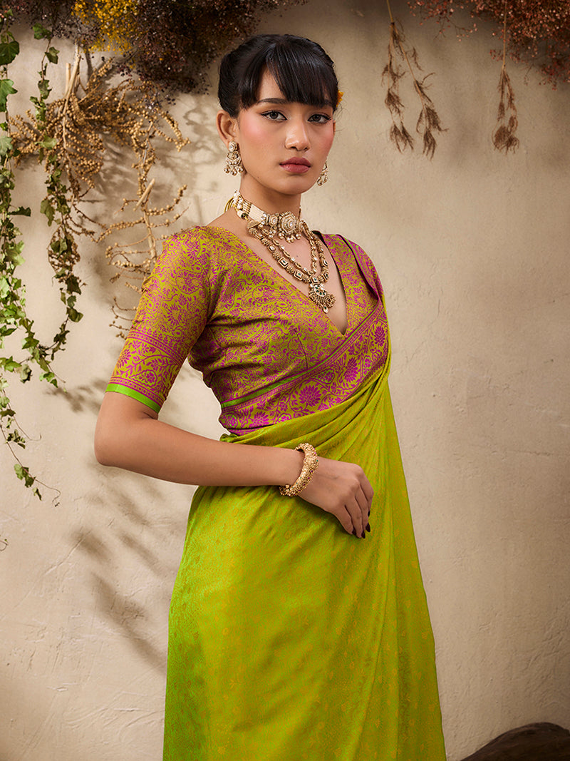 Parrot Green woven Kanjivaram Silk Blend Saree - Monjolika Fashion