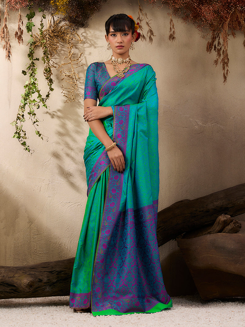 Turquoise woven Kanjivaram Silk Blend Saree - Monjolika Fashion