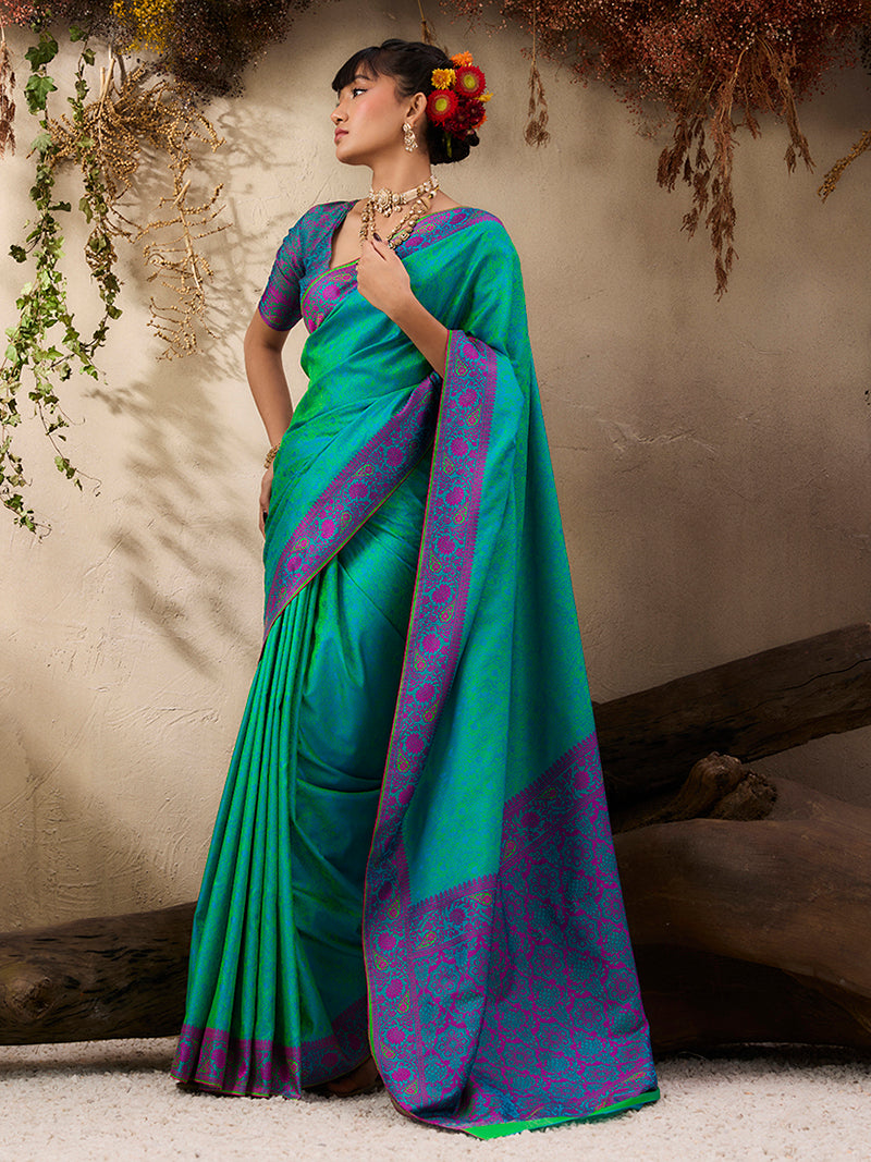 Turquoise woven Kanjivaram Silk Blend Saree - Monjolika Fashion