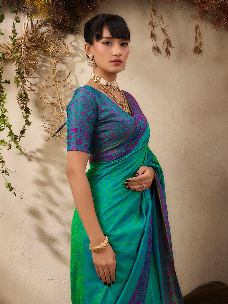 Turquoise woven Kanjivaram Silk Blend Saree - Monjolika Fashion