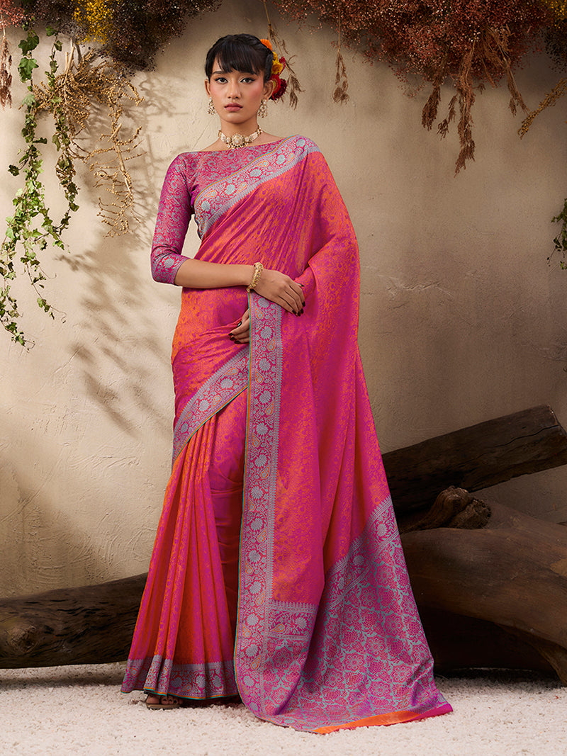 Salmon woven Kanjivaram Silk Blend Saree - Monjolika Fashion
