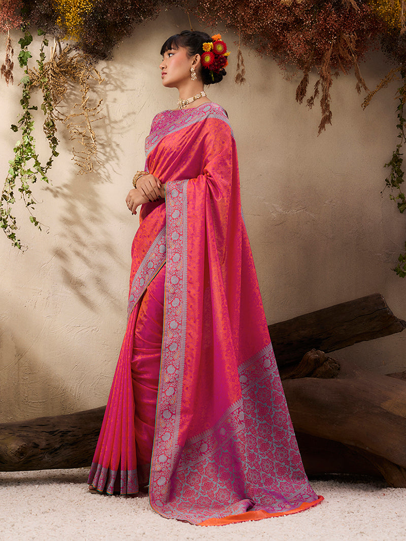 Salmon woven Kanjivaram Silk Blend Saree - Monjolika Fashion
