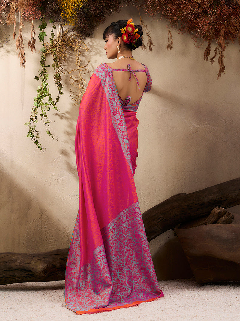 Salmon woven Kanjivaram Silk Blend Saree - Monjolika Fashion
